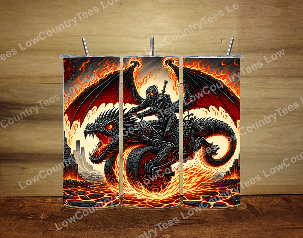Flaming Demon Warrior on Motorcycle Tumbler